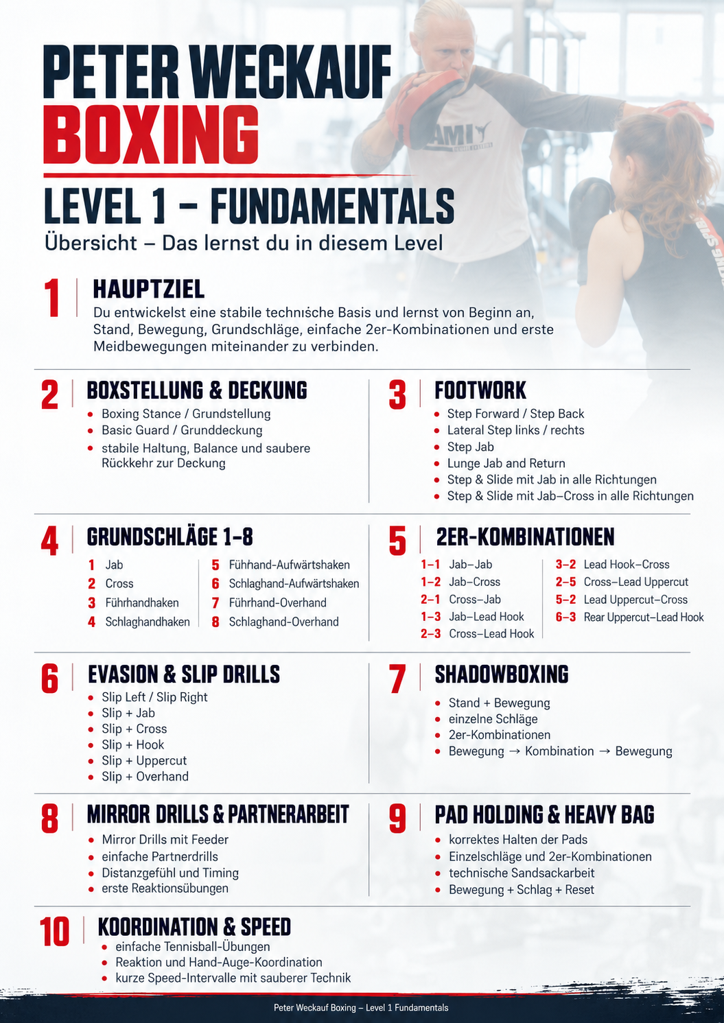 Peter Weckaufs Boxtraining Level 1: Grundstellung, Deckung, Schrittarbeit, acht Grundschläge, Kombinationen und Trainingsformen