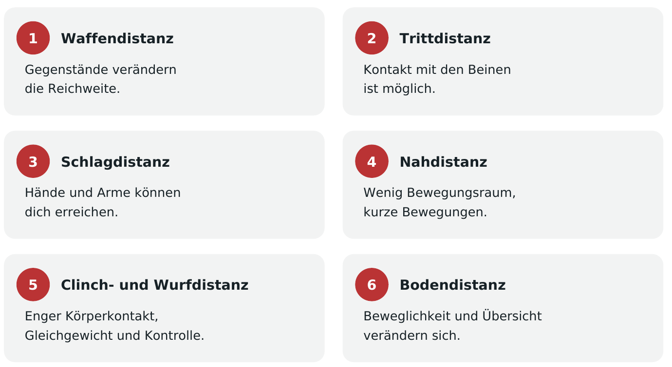 Sechs Distanzbereiche: Waffen-, Tritt-, Schlag-, Nah-, Clinch- und Wurf- sowie Bodendistanz