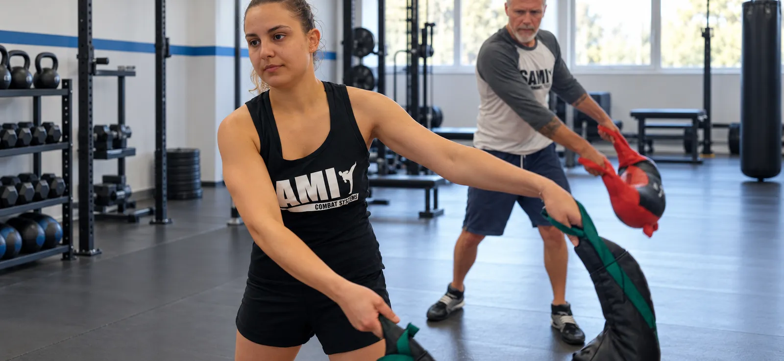 Eine Frau schlägt im Training auf die Pratze ihres Trainers