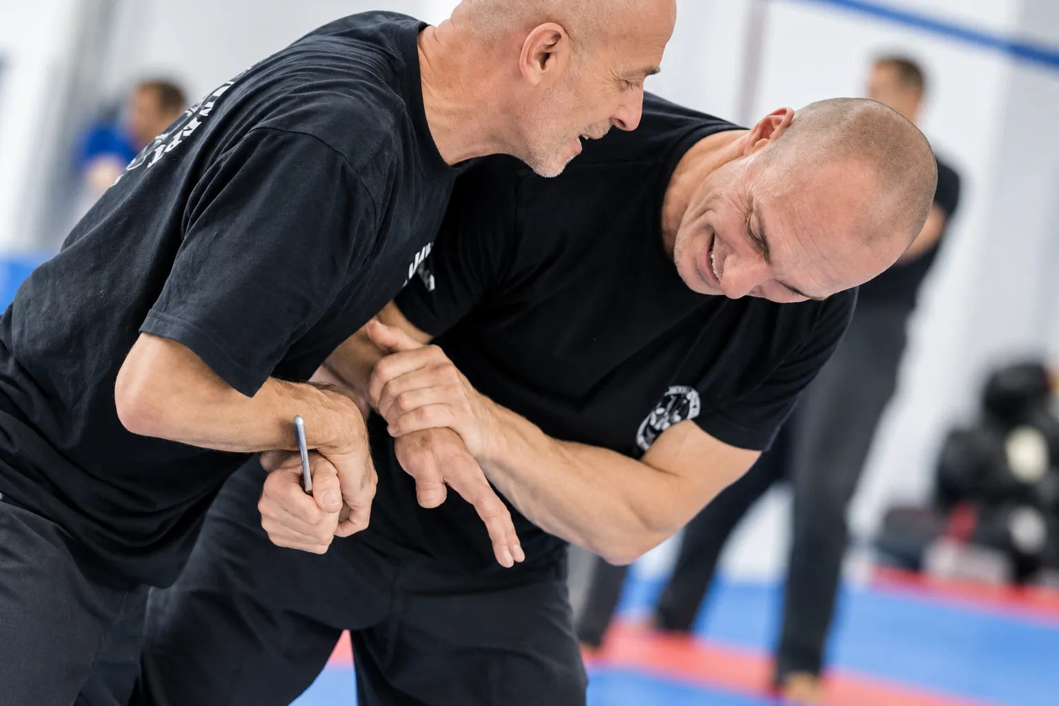 Zwei Trainingspartner üben eine Technik am Arm