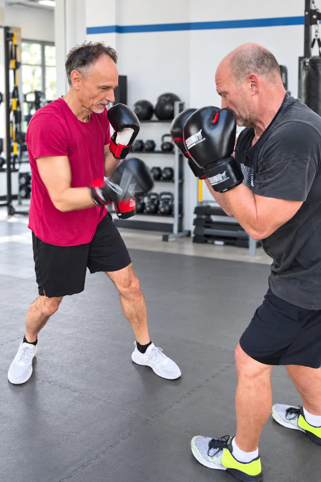 Zwei Männer beim lockeren Partnertraining mit Boxhandschuhen